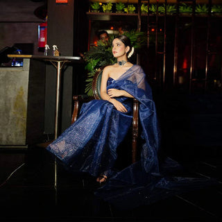 Organza Silk Saree with Beautiful Hand Foil Work and Silk Strip Foil Work Blouse for Wedding ClothsVilla