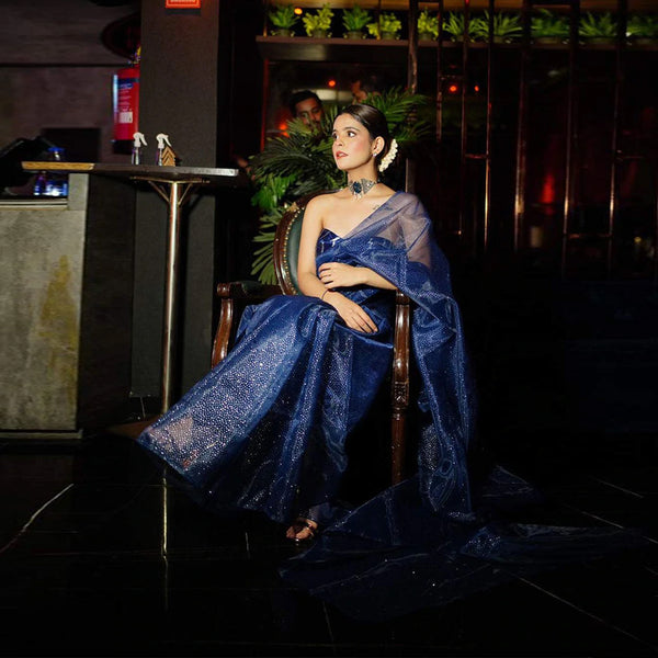 Organza Silk Saree with Beautiful Hand Foil Work and Silk Strip Foil Work Blouse for Wedding ClothsVilla