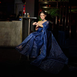 Organza Silk Saree with Beautiful Hand Foil Work and Silk Strip Foil Work Blouse for Wedding ClothsVilla