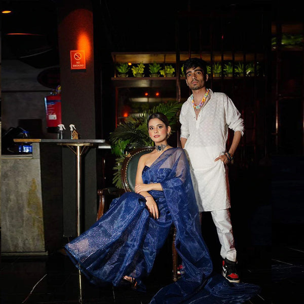 Organza Silk Saree with Beautiful Hand Foil Work and Silk Strip Foil Work Blouse for Wedding ClothsVilla
