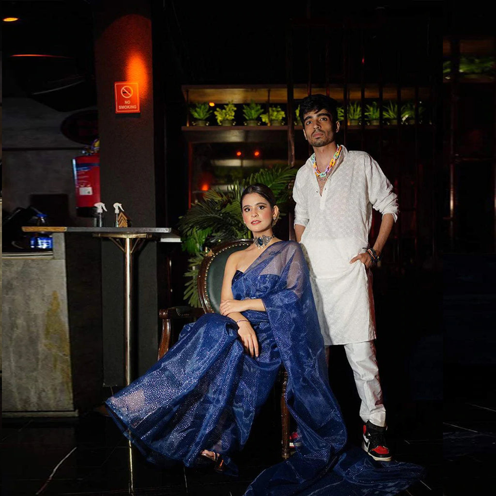 Organza Silk Saree with Beautiful Hand Foil Work and Silk Strip Foil Work Blouse for Wedding ClothsVilla