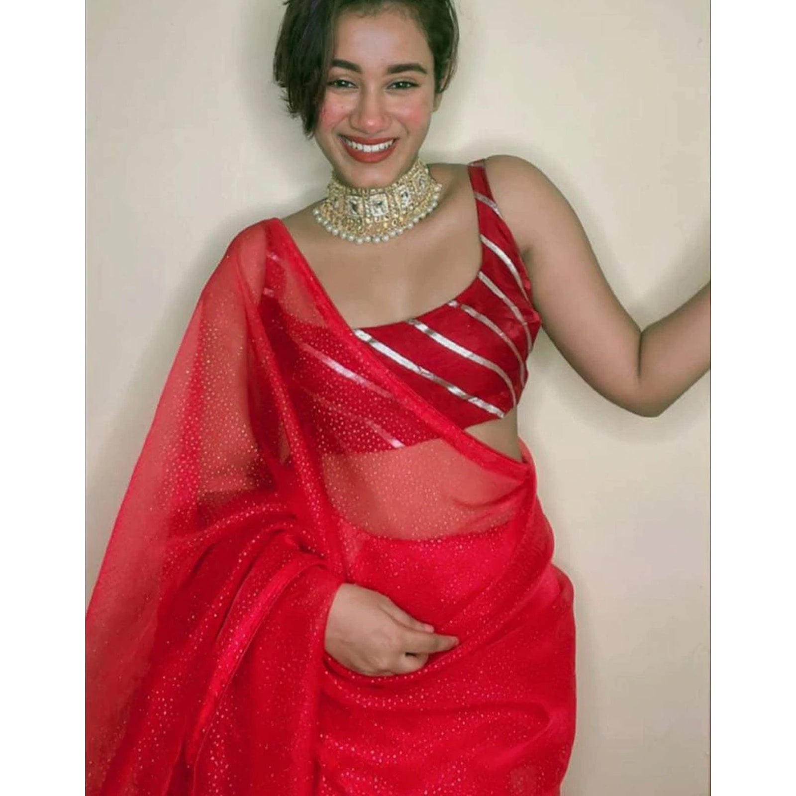 Organza Silk Saree with Beautiful Hand Foil Work and Silk Strip Foil Work Blouse for Wedding ClothsVilla