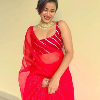 Organza Silk Saree with Beautiful Hand Foil Work and Silk Strip Foil Work Blouse for Wedding ClothsVilla