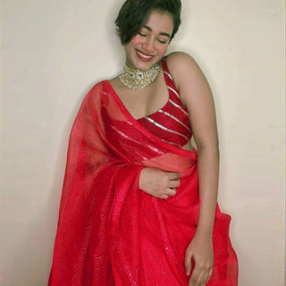 Organza Silk Saree with Beautiful Hand Foil Work and Silk Strip Foil Work Blouse for Wedding ClothsVilla