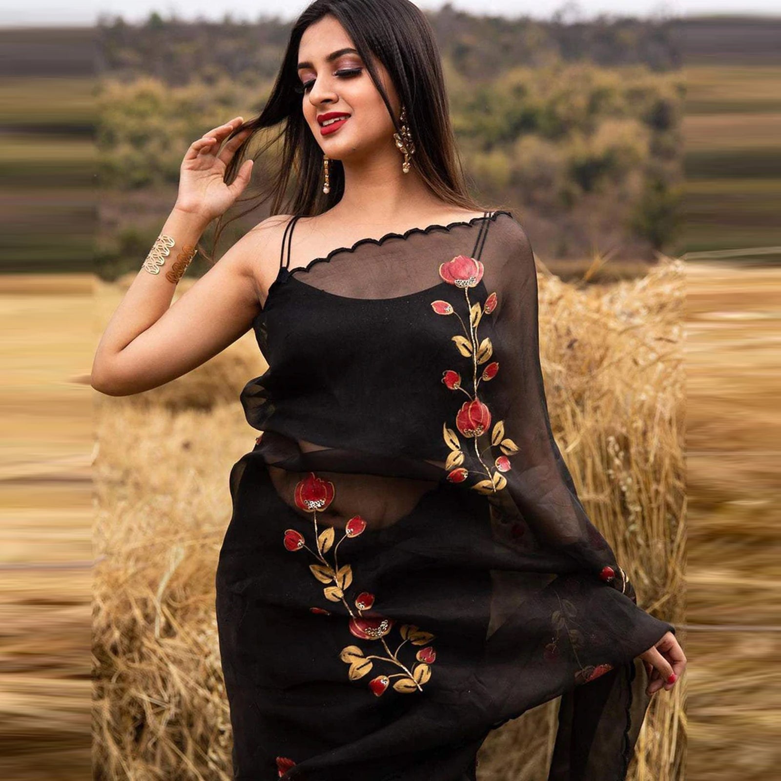 Organza Silk Saree with Beautiful Handprint with Kardana Work and Silk Blouse for Wedding ClothsVilla