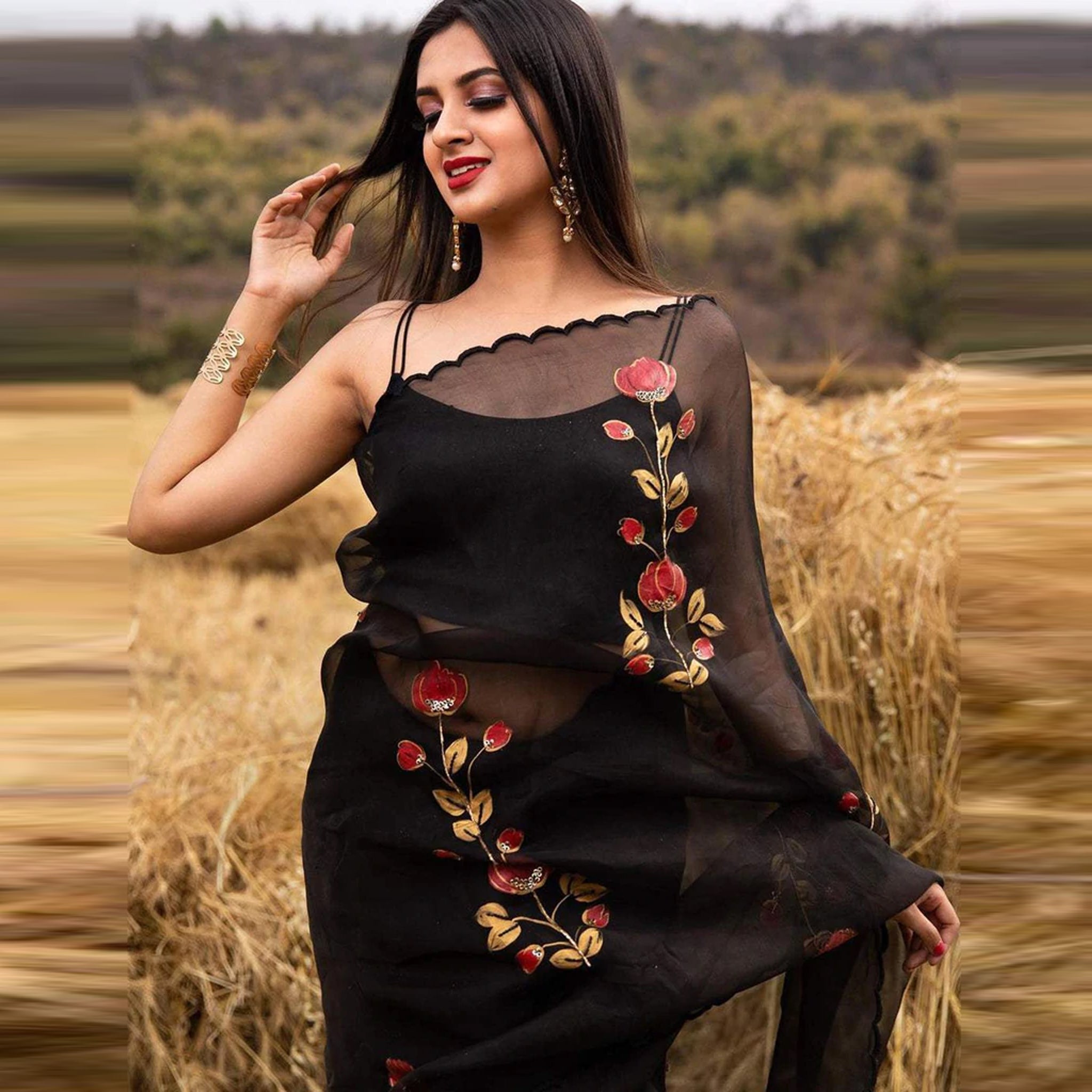 Organza Silk Saree with Beautiful Handprint with Kardana Work and Silk Blouse for Wedding ClothsVilla Main image