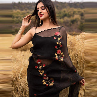 Organza Silk Saree with Beautiful Handprint with Kardana Work and Silk Blouse for Wedding ClothsVilla