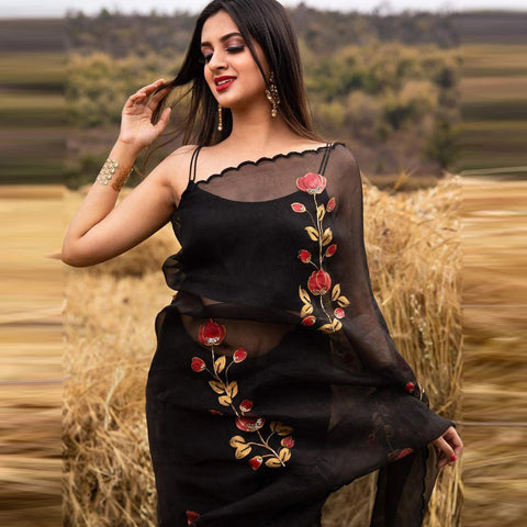 Organza Silk Saree with Beautiful Handprint with Kardana Work and Silk Blouse for Wedding ClothsVilla Main image
