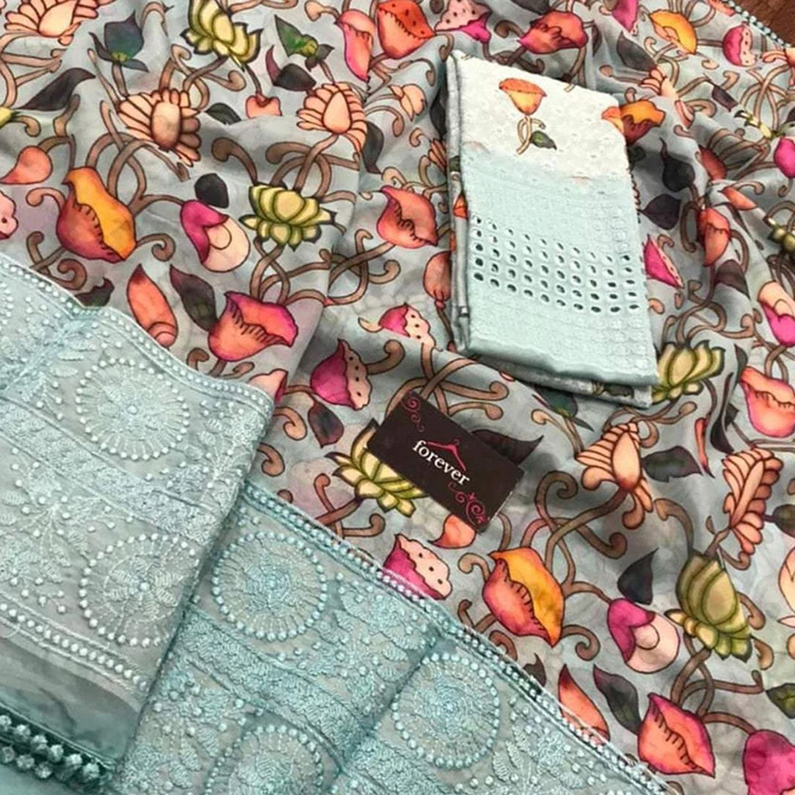 Organza Silk Saree with Beautiful Kalamkari Print and Lucknowi Work with Blouse for Wedding ClothsVilla