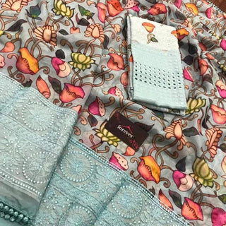 Organza Silk Saree with Beautiful Kalamkari Print and Lucknowi Work with Blouse for Wedding ClothsVilla