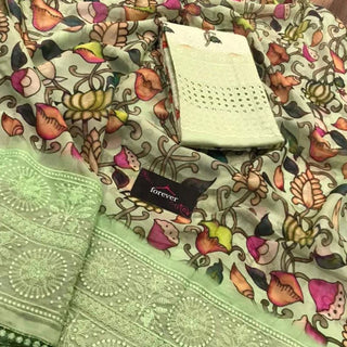 Organza Silk Saree with Beautiful Kalamkari Print and Lucknowi Work with Blouse for Wedding ClothsVilla