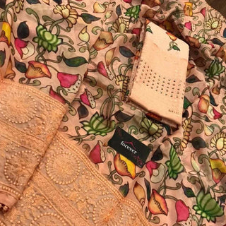 Organza Silk Saree with Beautiful Kalamkari Print and Lucknowi Work with Blouse for Wedding ClothsVilla