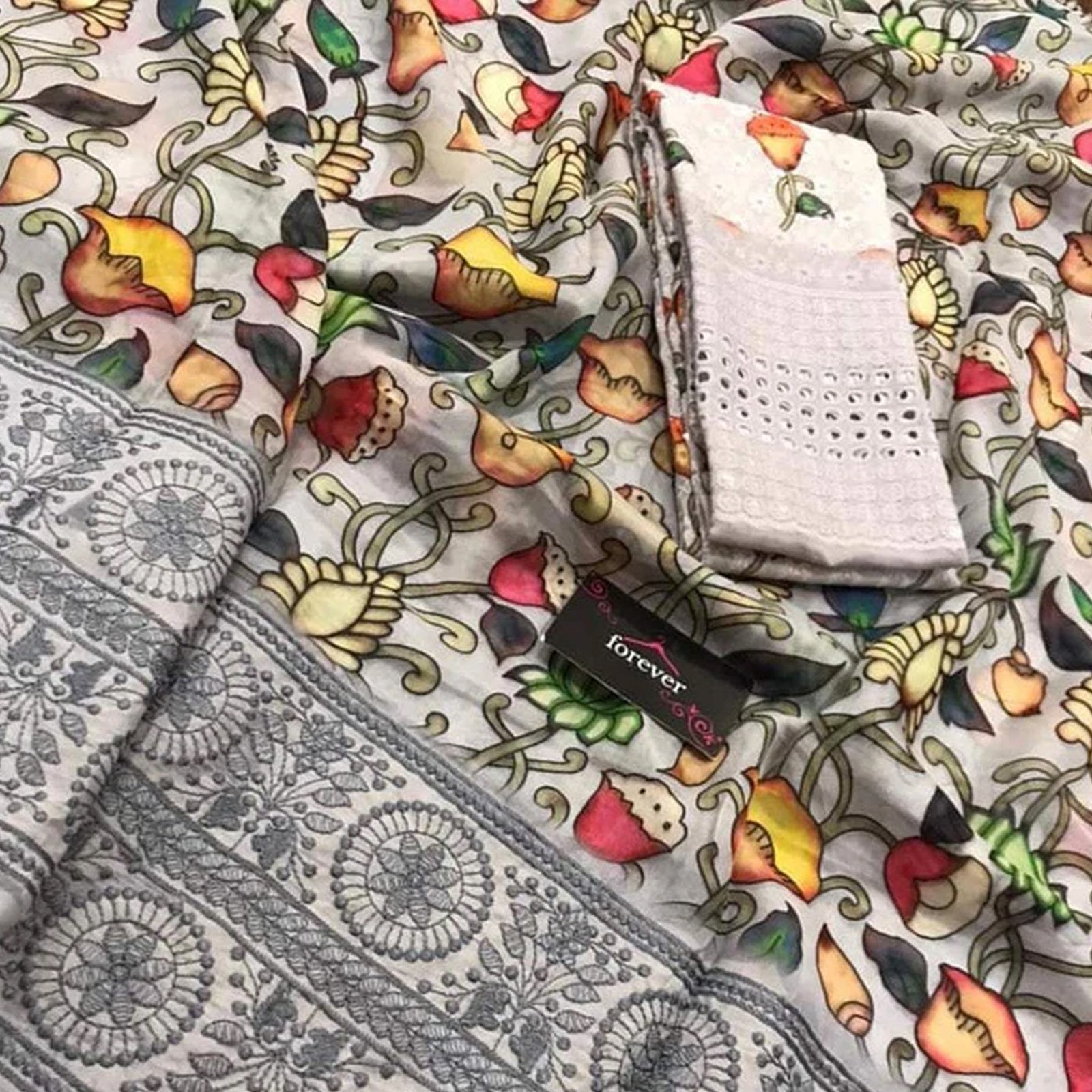 Organza Silk Saree with Beautiful Kalamkari Print and Lucknowi Work with Blouse for Wedding ClothsVilla