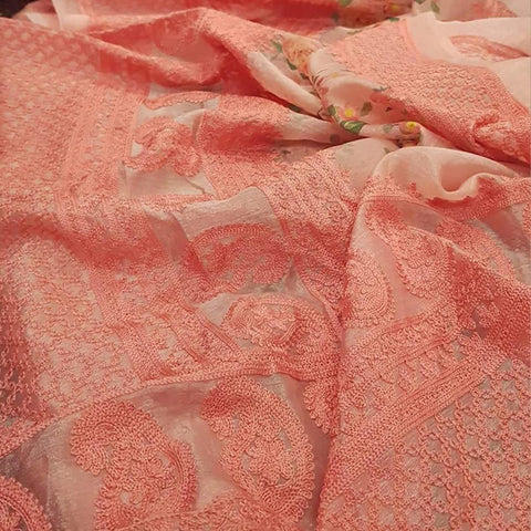 Organza Silk Saree with Beautiful Lucknowi Work and Blouse for Wedding ClothsVilla Main image