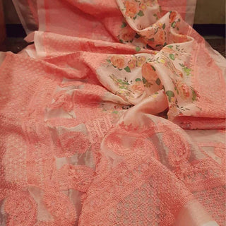 Organza Silk Saree with Beautiful Lucknowi Work and Blouse for Wedding ClothsVilla