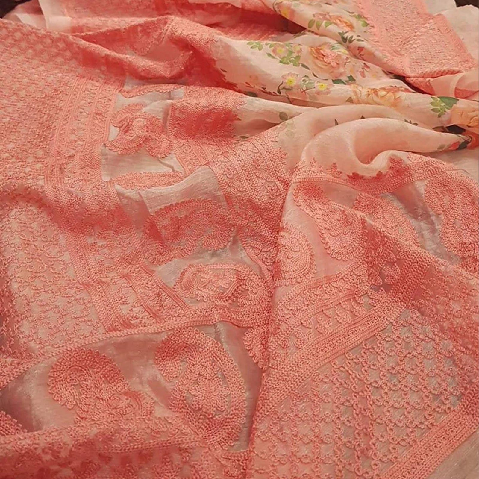Organza Silk Saree with Beautiful Lucknowi Work and Blouse for Wedding ClothsVilla