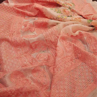 Organza Silk Saree with Beautiful Lucknowi Work and Blouse for Wedding ClothsVilla