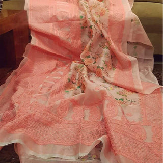 Organza Silk Saree with Beautiful Lucknowi Work and Blouse for Wedding ClothsVilla