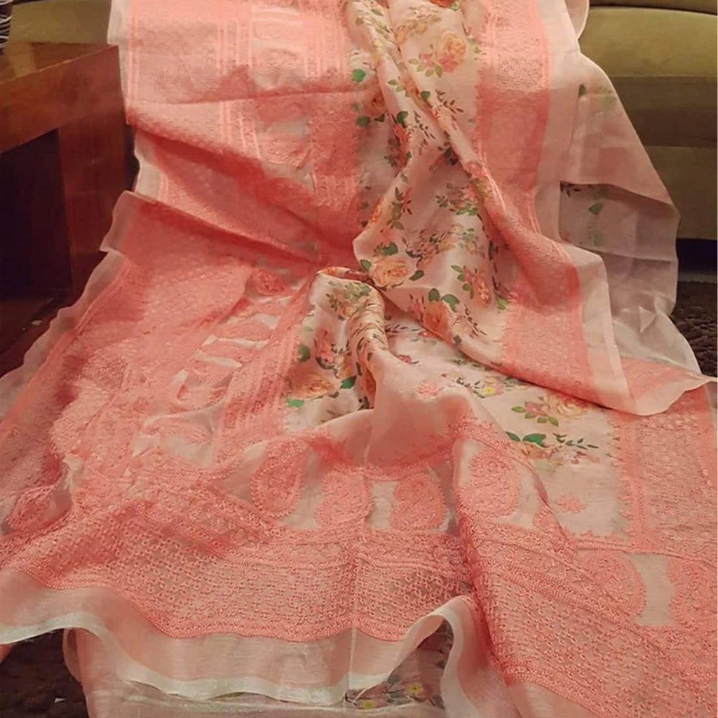 Organza Silk Saree with Beautiful Lucknowi Work and Blouse for Wedding ClothsVilla