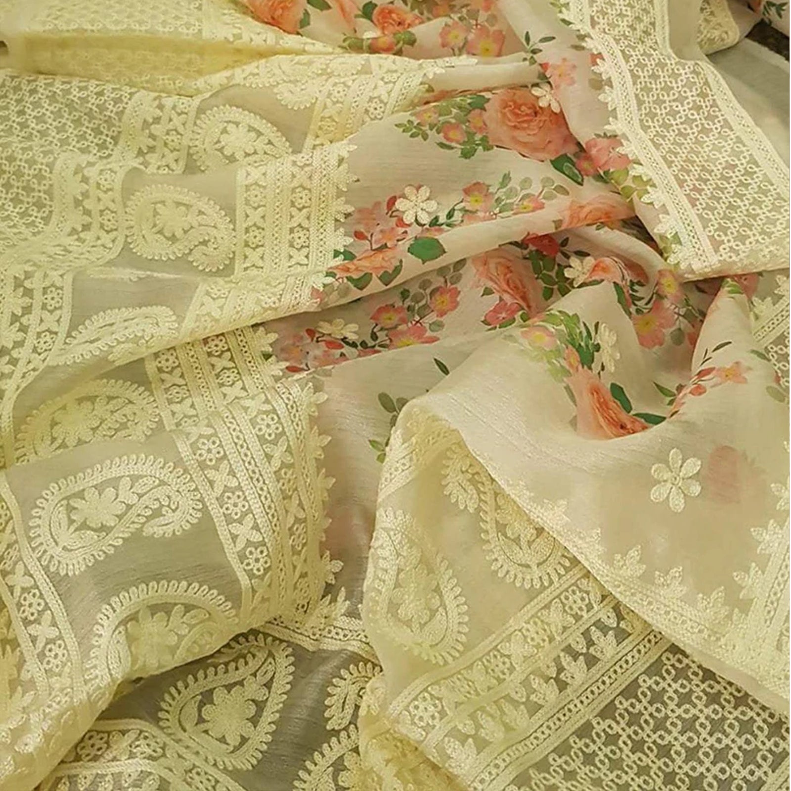 Organza Silk Saree with Beautiful Lucknowi Work and Blouse for Wedding ClothsVilla
