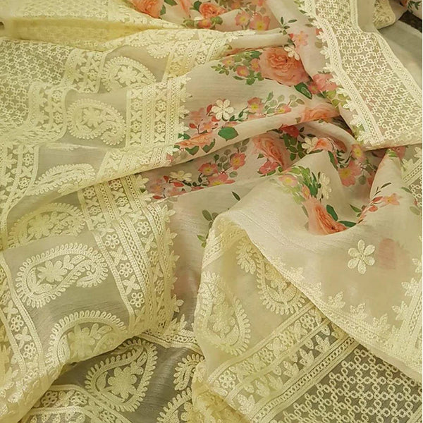 Organza Silk Saree with Beautiful Lucknowi Work and Blouse for Wedding ClothsVilla