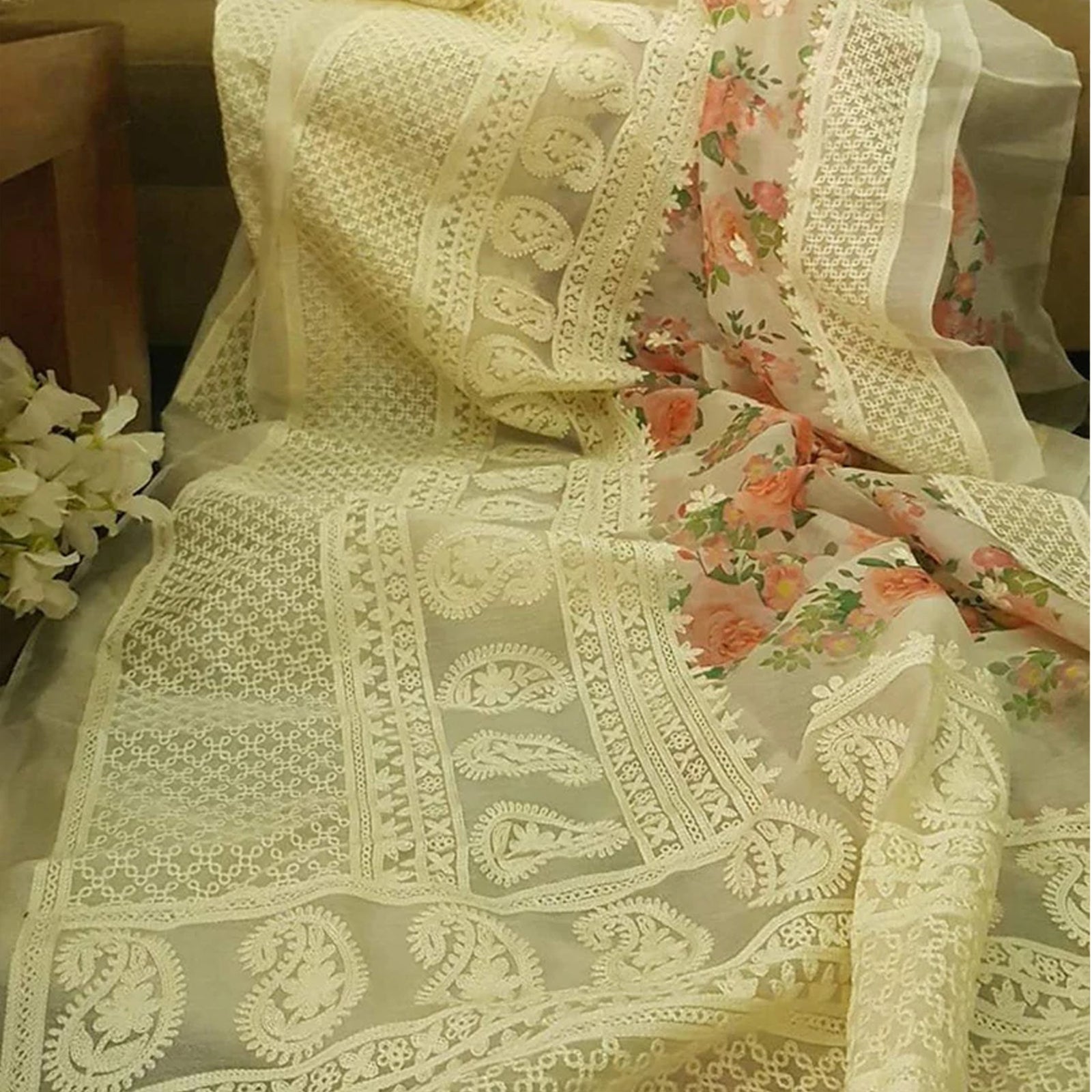 Organza Silk Saree with Beautiful Lucknowi Work and Blouse for Wedding ClothsVilla