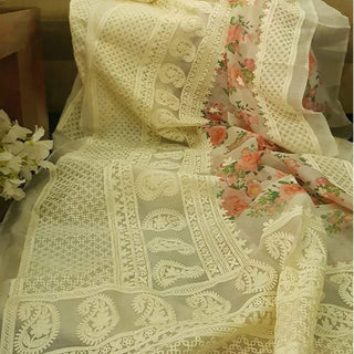 Organza Silk Saree with Beautiful Lucknowi Work and Blouse for Wedding ClothsVilla