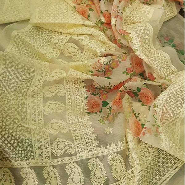 Organza Silk Saree with Beautiful Lucknowi Work and Blouse for Wedding ClothsVilla