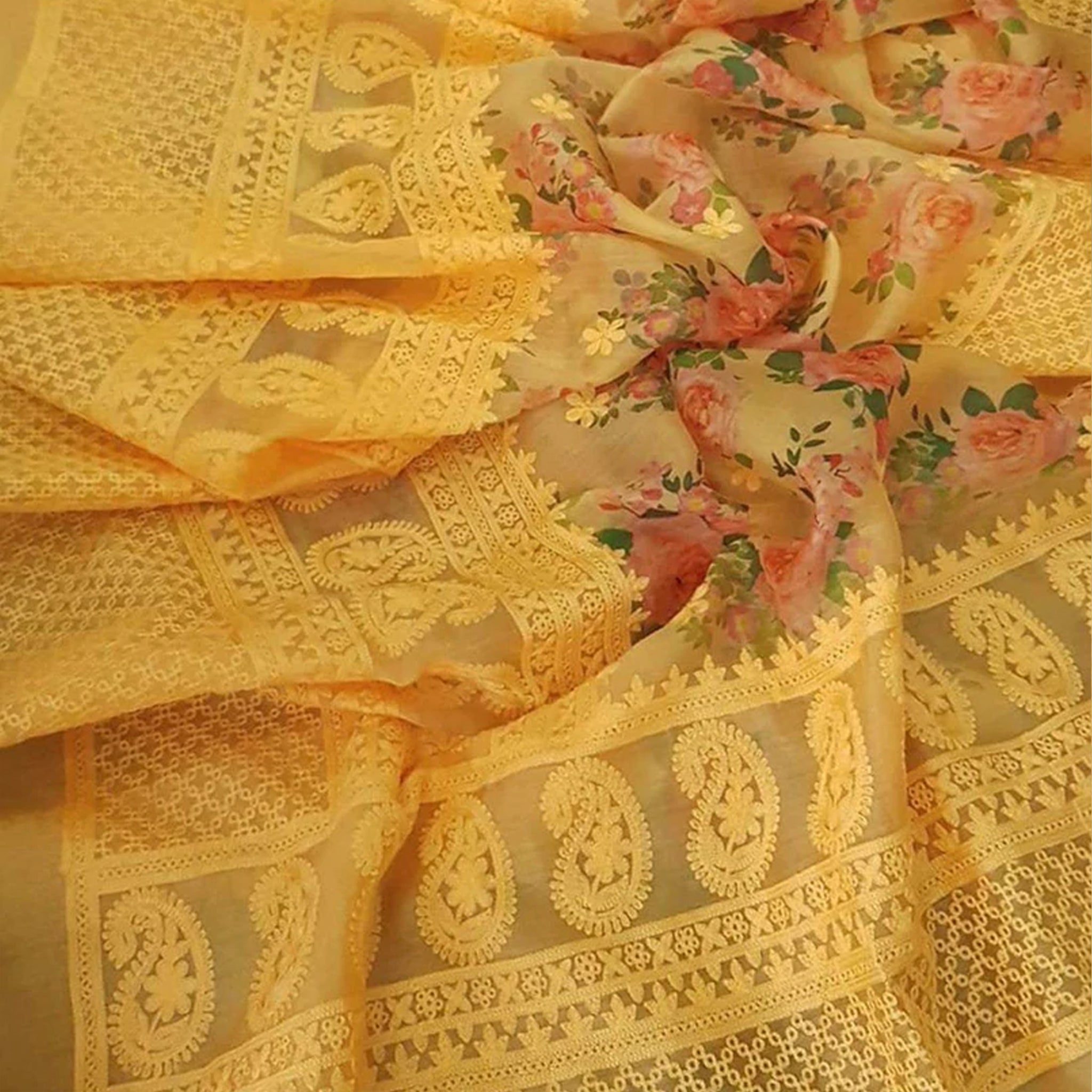 Organza Silk Saree with Beautiful Lucknowi Work and Blouse for Wedding ClothsVilla