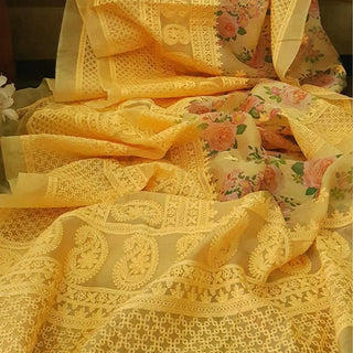 Organza Silk Saree with Beautiful Lucknowi Work and Blouse for Wedding ClothsVilla