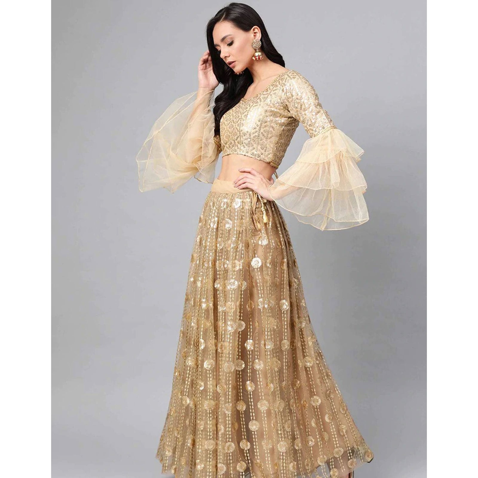 Gold color Net Lehenga with Heavy Embroidery work ClothsVilla