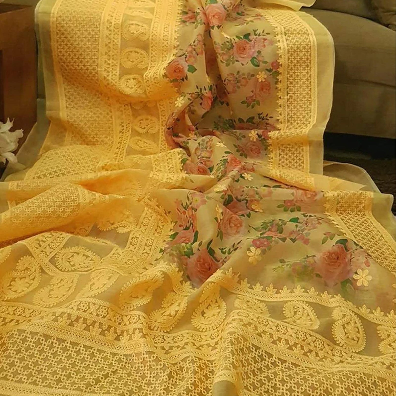 Organza Silk Saree with Beautiful Lucknowi Work and Blouse for Wedding ClothsVilla