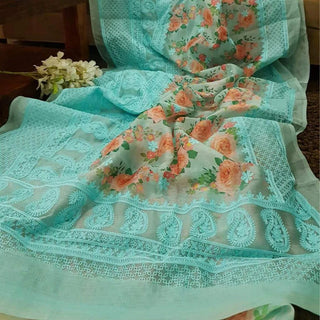 Organza Silk Saree with Beautiful Lucknowi Work and Blouse for Wedding ClothsVilla