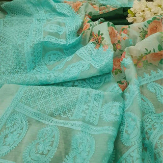 Organza Silk Saree with Beautiful Lucknowi Work and Blouse for Wedding ClothsVilla