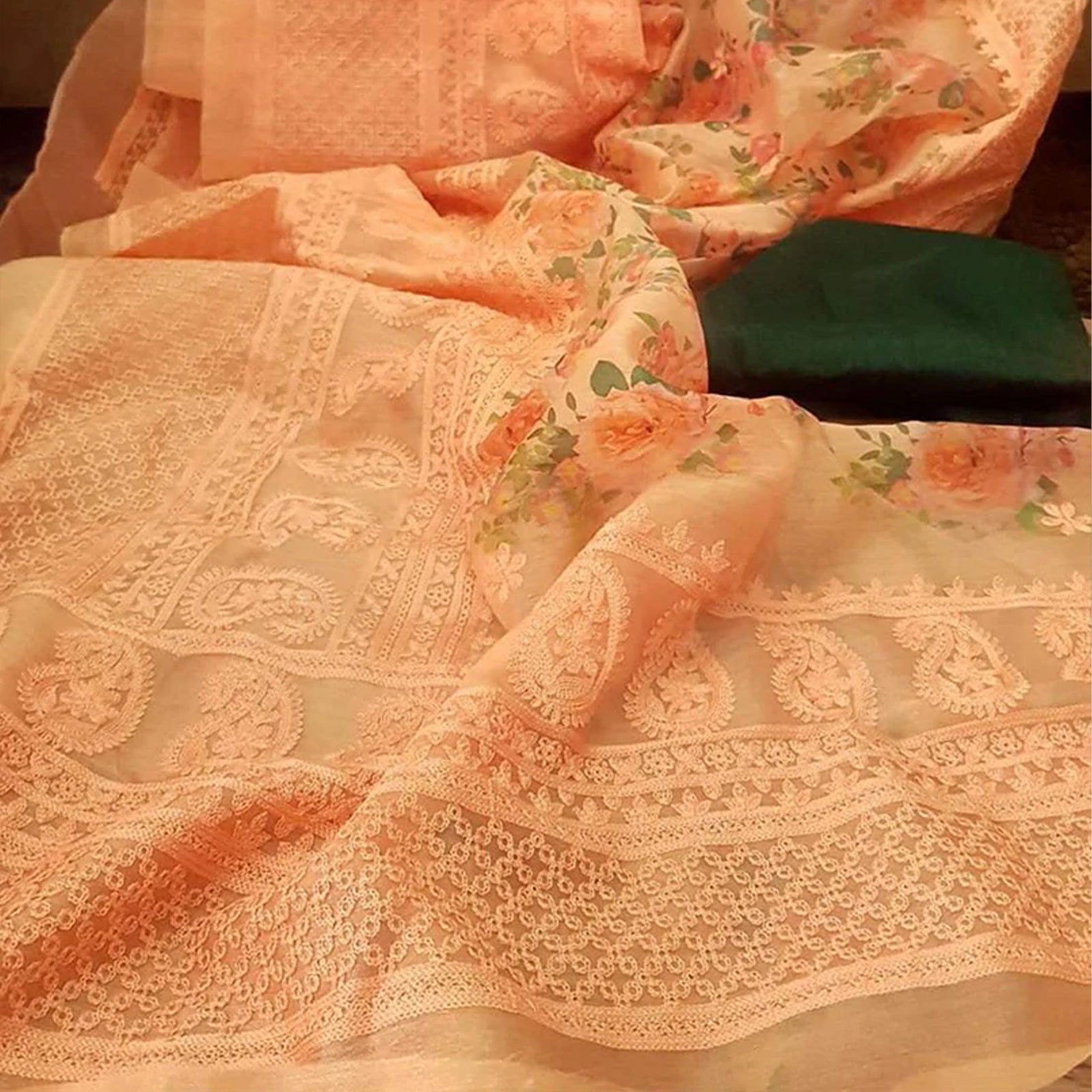 Organza Silk Saree with Beautiful Lucknowi Work and Blouse for Wedding ClothsVilla