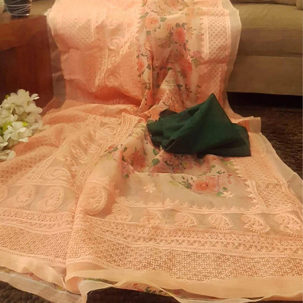 Organza Silk Saree with Beautiful Lucknowi Work and Blouse for Wedding ClothsVilla