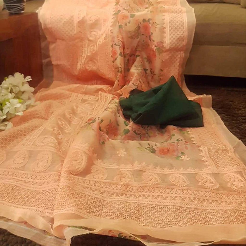 Organza Silk Saree with Beautiful Lucknowi Work and Blouse for Wedding ClothsVilla