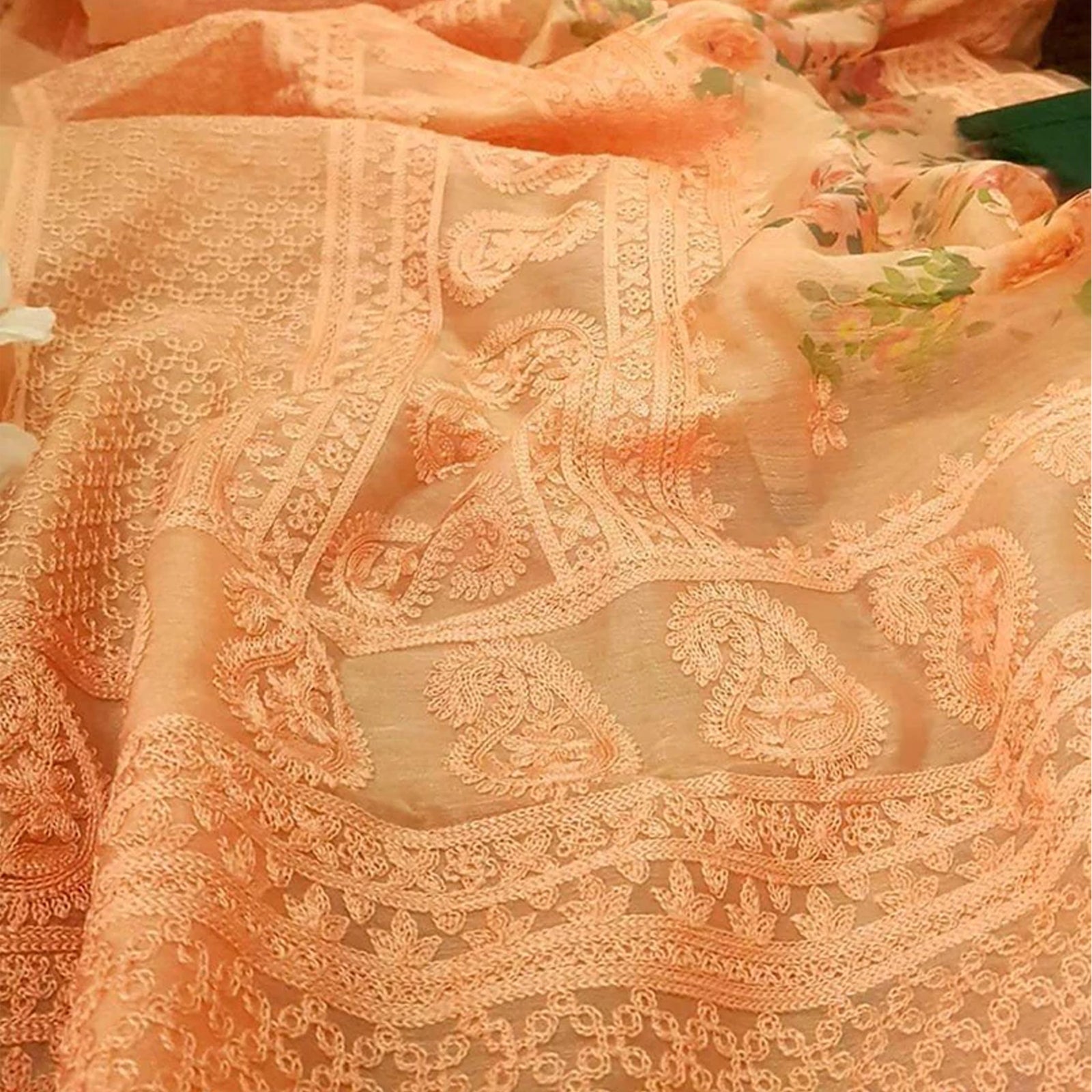 Organza Silk Saree with Beautiful Lucknowi Work and Blouse for Wedding ClothsVilla