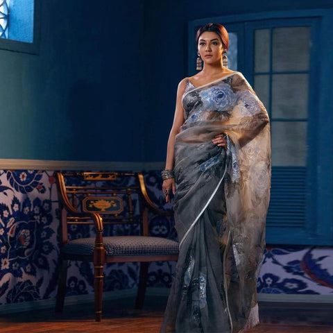Organza Silk Saree with Beautiful Metalic Print and Silk Sequence Blouse for Wedding ClothsVilla Main image