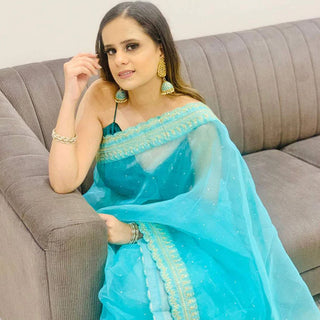 Organza Silk Saree with Beautiful Mukesh Work and Sequence Work Silk Blouse for Wedding ClothsVilla