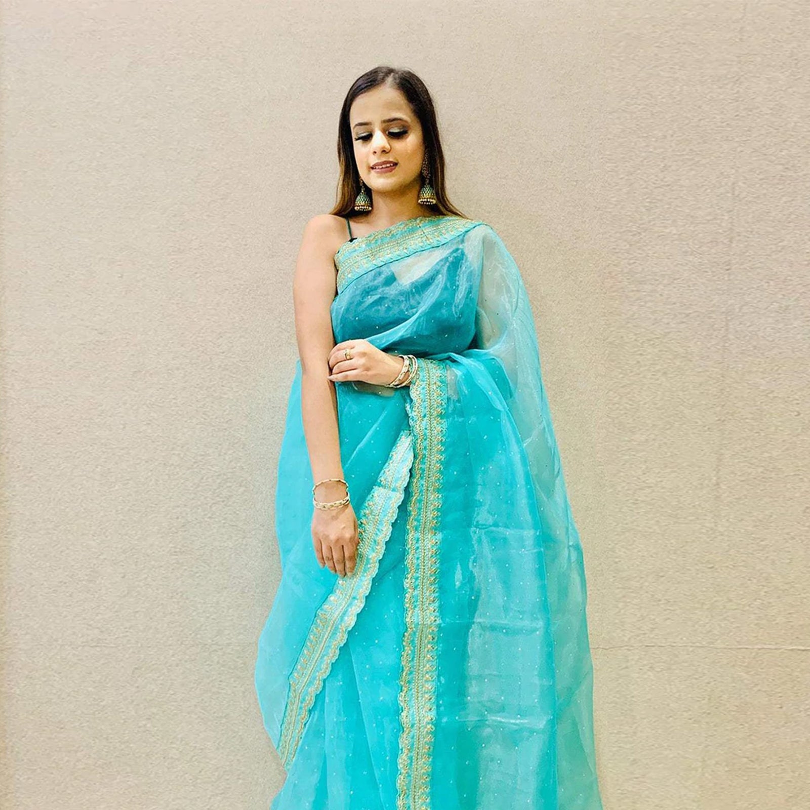 Organza Silk Saree with Beautiful Mukesh Work and Sequence Work Silk Blouse for Wedding ClothsVilla