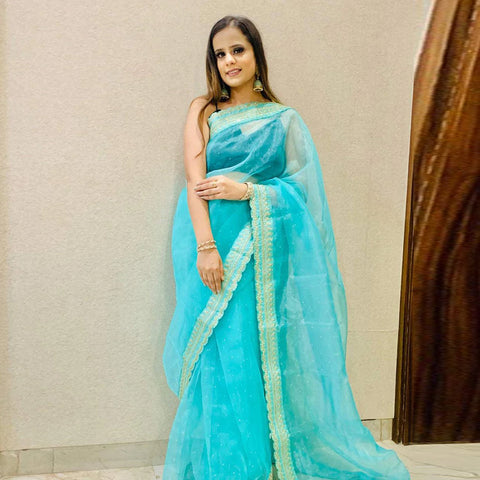 Organza Silk Saree with Beautiful Mukesh Work and Sequence Work Silk Blouse for Wedding ClothsVilla Main image