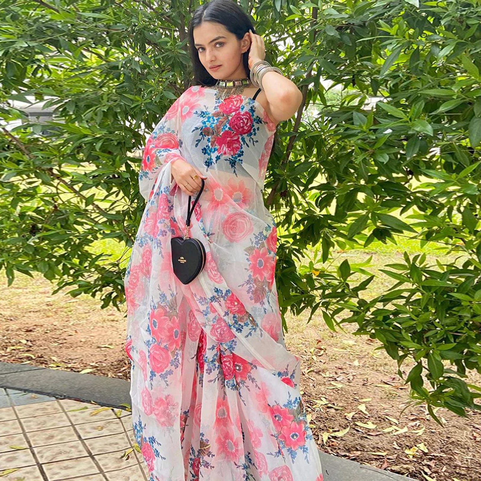Organza Silk Saree with Beautiful Pink Floral Digital Print and Silk Blouse for Wedding ClothsVilla