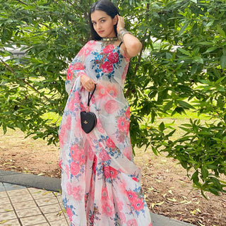 Organza Silk Saree with Beautiful Pink Floral Digital Print and Silk Blouse for Wedding ClothsVilla