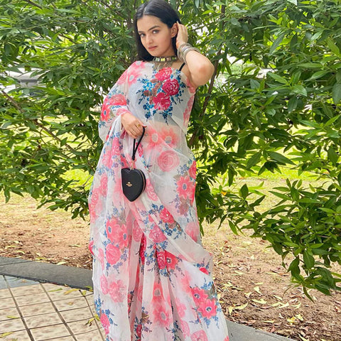 Organza Silk Saree with Beautiful Pink Floral Digital Print and Silk Blouse for Wedding ClothsVilla Main image