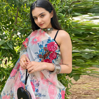 Organza Silk Saree with Beautiful Pink Floral Digital Print and Silk Blouse for Wedding ClothsVilla
