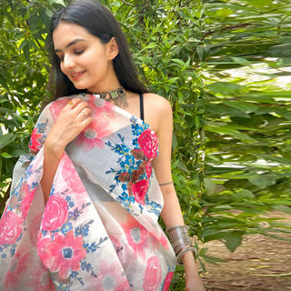 Organza Silk Saree with Beautiful Pink Floral Digital Print and Silk Blouse for Wedding ClothsVilla