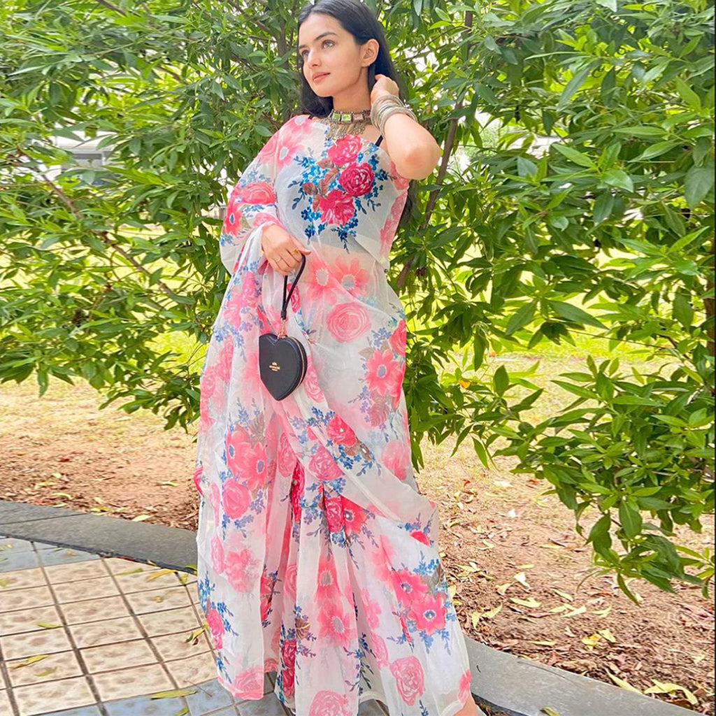 Organza Silk Saree with Beautiful Pink Floral Digital Print and Silk Blouse for Wedding ClothsVilla