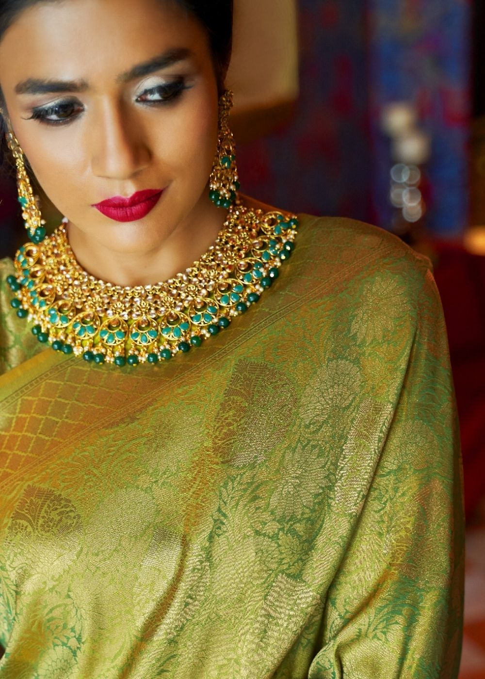 Olive Green and Golden Blend Woven Kanjivaram Soft Silk Saree : Top Pick Clothsvilla