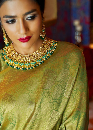 Olive Green and Golden Blend Woven Kanjivaram Soft Silk Saree : Top Pick Clothsvilla